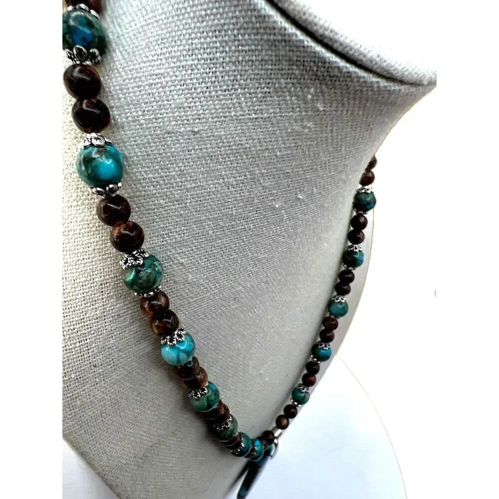 NEW Handmade Brown And Bluegreen Beaded Faux Turquoise Necklace - Picture 9 of 12